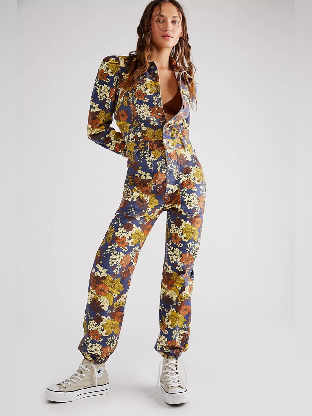 MOTHER Puffy Wrapper Buncha Blooms Floral Denim Jumpsuit S $425